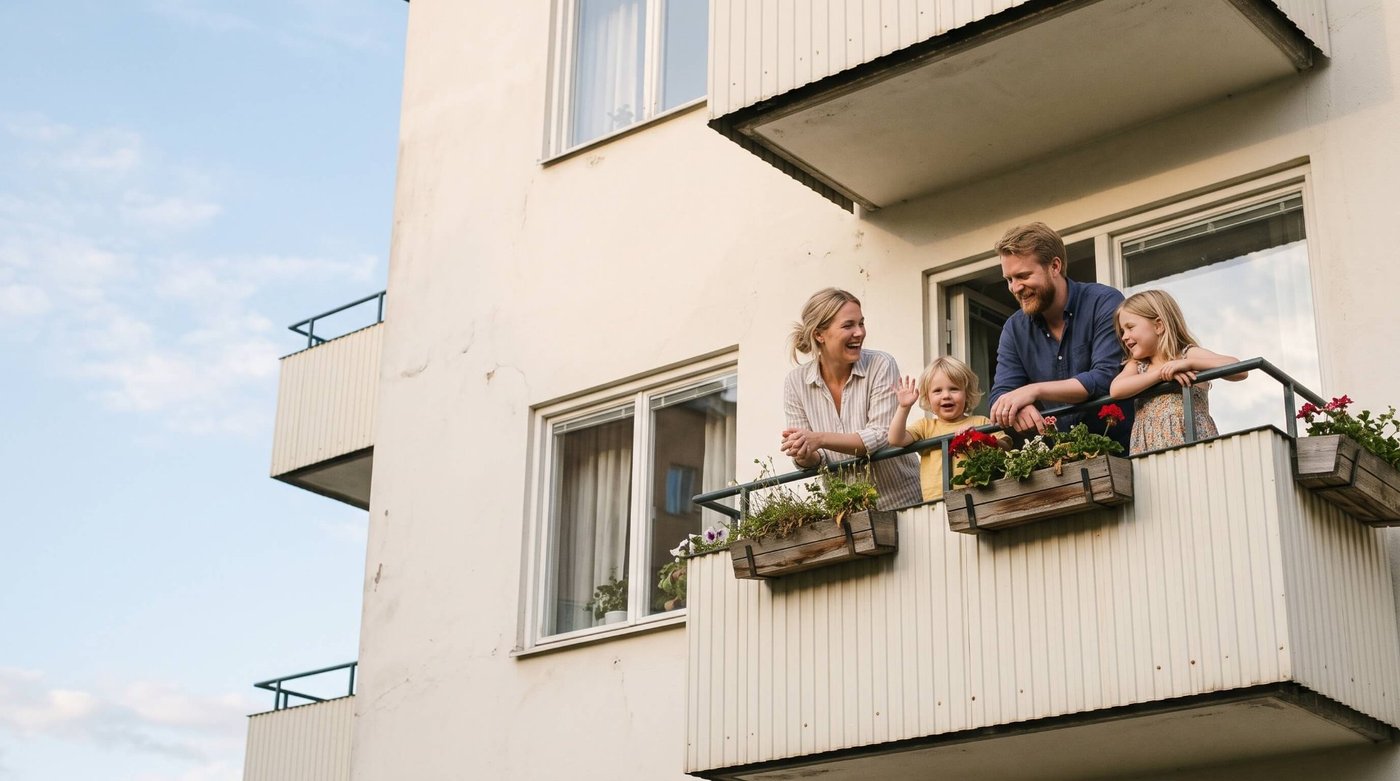 Balkong på ett bostadshus i kvällsljus, som illustration av bostadsrättsförvaltning